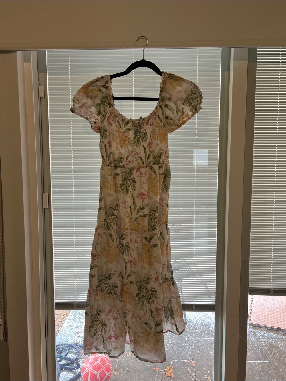 Floral Tiered Puff-Sleeve Midi Dress - White/Yellow/Green